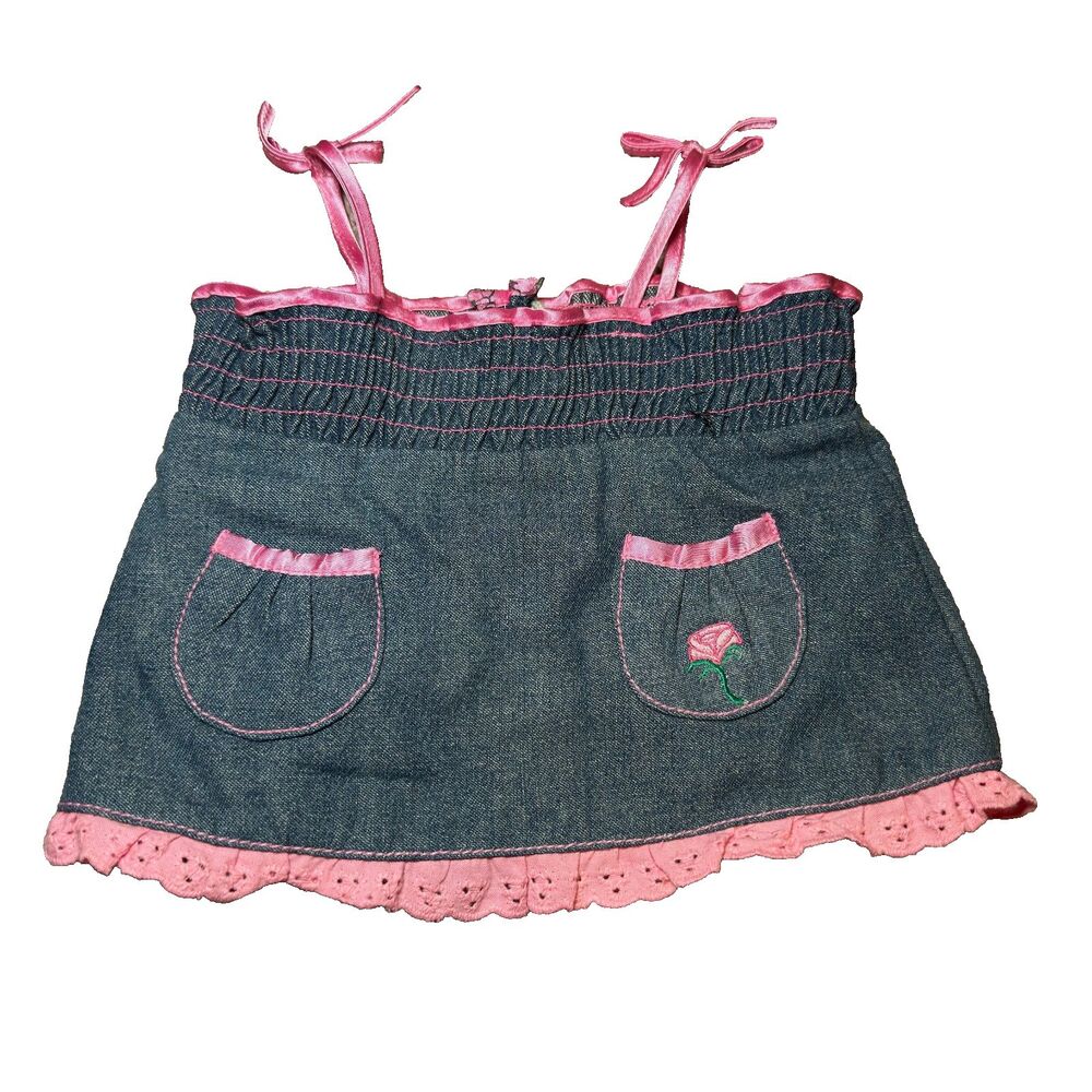Build A Bear Dress Pink Blue Denim Jumper Eyelet Trim Pockets Outfit Clothing